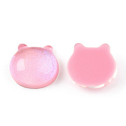 Pink Transparent Epoxy Resin Cabochons, with Glitter Powder, Cat Head Shape, Pink, 14.5x15.5x7.5mm