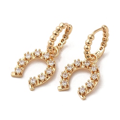 Light Gold Brass Micro Pave Cubic Zirconia Dangle Hoop Earrings, Horseshoe, Light Gold, 30x14mm