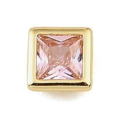 Pink Brass Pave Cubic Zirconia Cabochons, Square, Faceted, Pointed Back, Rack Plating, Long-Lasting Plated, Cadmium Free & Lead Free, Real 18K Gold Plated, Pink, 5.5x5.5x3mm