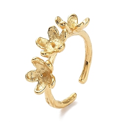 Real 18K Gold Plated 304 Stainless Steel Flower Open Cuff Ring Findings, Ring Settings for Half Drilled Beads, Real 18K Gold Plated, Inner Diameter: 18mm, Tray: 7.5x8mm, Pin: 1mm