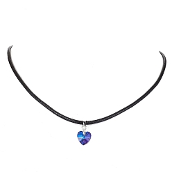 Metallic Blue Glass Heart Pendant Necklaces, with Imitation Leather Cord, Metallic Blue, 17.64 inch(44.8cm)