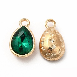 Green Faceted Glass Rhinestone Pendants, with Golden Tone Zinc Alloy Findings, Teardrop Charms, Green, 15x9x5mm, Hole: 2mm