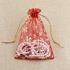 Red Christmas Printed Organza Drawstring Bags, Hot Stamping Snowflake Pouches, Rectangle, Red, 8x6cm