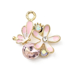Розовый Подвески из сплава и страза, стойки покрытие, цветок с бабочкой, золотые, светло-розовый, 22x21x7 мм, отверстие : 2.5 мм