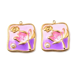 Средняя Орхидея 304 нержавеющей стальной эмали подвески, с имитацией жемчуга из АБС, квадрат с цветочным шармом, золотые, средне орхидеи, 25x22x4 мм, отверстие : 1.4 мм