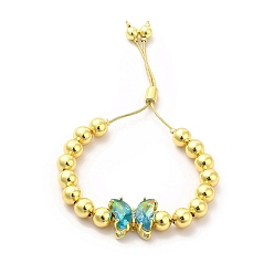 Turquoise Moyen Bracelets coulissants à perles rondes en laiton plaqué en rack pour femmes, bracelets réglables papillon en verre plaqué longue durée, sans nickel et sans plomb, réel 18 k plaqué or, turquoise moyen, diamètre intérieur : 1-1/2~2-7/8 pouces (3.7~7.2 cm)