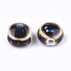 Coconut Brown Handmade Porcelain Beads, Fancy Antique Glazed Porcelain, Flat Round, Coconut Brown, 10~11x10.5~11x5~5.5mm, Hole: 1.5~2mm