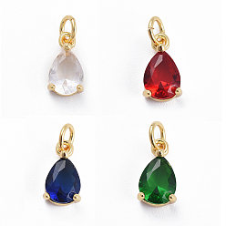Mixed Color Brass Micro Pave Cubic Zirconia Pendants, with Jump Ring, Teardrop, Golden, Mixed Color, 11.5x6.5x4mm, Hole: 3mm