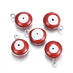 Red 304 Stainless Steel Enamel Charms, Flat Round with Evil Eye, Stainless Steel Color, Red, 13x10x6mm, Hole: 1.5mm