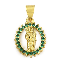 Зеленый Стойка металлическая латунная микропрофилированная кубическая циркония подвески, долговечный, без кадмия и без свинца, реальный 18 k позолоченный, плоский круглый с королем, зелёные, 16x12x3 мм, отверстие : 4.5x3.5 мм