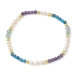 Смешанные камни Эластичные браслеты для женщин из натурального зеленого авантюрина, аметиста, апатита и культивированного пресноводного жемчуга., круглые, С немагнитным синтетическим гематитом, бусины : 4 мм, внутренний диаметр: 1.97 дюйм (5 см)