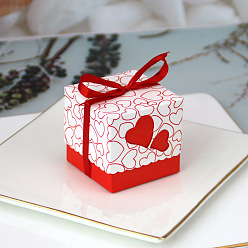 Red Square Foldable Creative Paper Gift Box, Candy Boxes, Heart Pattern with Ribbon, Decorative Gift Box for Wedding, Red, 5.2x5.2x5cm