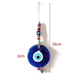 Blue Turkish Style Glass Flat Round with Evil Eye Pendant Decorations, Wood Beads and Hemp Cord Wall Hanging Decoration, Blue, 320x60mm