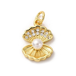 Real 18K Gold Plated Brass Micro Pave Cubic Zirconia Pendants, Shell Shapes, with ABS Imitation Pearl Beads, Rack Plating, Long-Lasting Plated, Cadmium Free & Lead Free, with Jump Ring, Real 18K Gold Plated, 16x11x5mm, Hole: 3mm