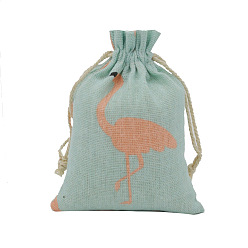 Flamingo Shape Linenette Drawstring Bags, Rectangle, Flamingo Pattern, 18x13cm