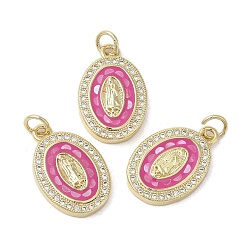 Deep Pink Brass Micro Pave Cubic Zirconia Pendants, with Enamel & Shell, Long-Lasting Plated, Lead Free & Cadmium Free, Real 18K Gold Plated, Oval with Virgin Mary, Deep Pink, 19.5x12.5x3mm, Hole: 3mm