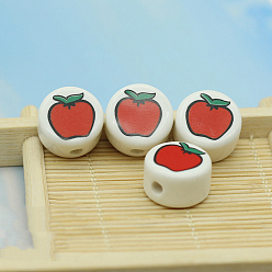 Red Christmas Themed Porcelain Beads, Flat Round with Apple, Red, 16x9mm, Hole: 2.8mm