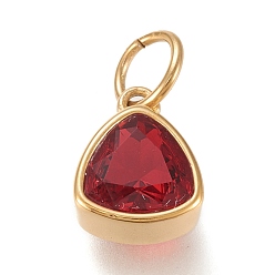 Dark Red Vacuum Plating 304 Stainless Steel Cubic Zirconia Pendant, Triangle, Golden, Dark Red, 12.5x9.5x5mm, Hole: 5mm
