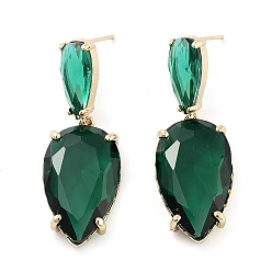Green Glass Teardrop Dangle Stud Earrings, Light Gold Brass Earrings, Green, 45x16mm