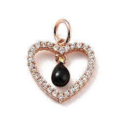 Black Rack Plating Brass Micro Pave Cubic Zirconia Pendants, with Enamel and Jump Ring, Long-Lasting Plated, Rose Gold, Heart, Cadmium Free & Nickel Free & Lead Free, Black, 12.5x12x1.5~3mm, Jump Ring: 5x0.7mm, Hole: 3.4mm