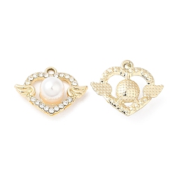 Golden UV Plating Alloy Rhinestone Pendants, with ABS Plastic Imitation Pearl, Cadmium Free & Lead Free, Heart with Wing Charms, Golden, 18.5x23.5x8.5mm, Hole: 2mm