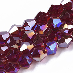 Dark Red Electroplate Glass Beads Strands, AB Color Plated, Faceted, Bicone, Dark Red, 7.5~8x7.5~8mm, Hole: 1.5mm, about 40pcs/strand, 11.81 inch