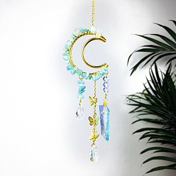 Amazonite Natural Amazonite Chip Wrapped Metal Moon Hanging Ornaments, Glass Teardrop & Butterfly Tassel Suncatchers for Home Outdoor Decoration, 250mm