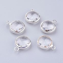 Clear Silver Color Plated Brass Glass Flat Round Charms, Faceted, Clear, 12x8.5x3mm, Hole: 1.5mm