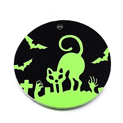 Cat Shape Halloween Theme Imitation Leather Pendants, Flat Round, Lime, Cat Pattern, 45x2mm, Hole: 1.6mm
