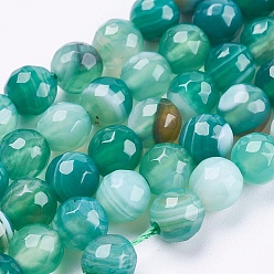 Green Natural Striped Agate/Banded Agate Beads Strands, Round, Faceted, Dyed, Green, 6mm, Hole: 1mm, about 62pcs/strand, 14.5 inch(37cm)