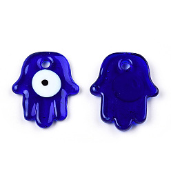 Синий Прозрачные подвески лэмпворк ручной работы, Злые чары глаз, религия хамса рука, синие, 35x29x4.5~5.5 мм, отверстие : 4 мм