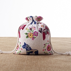 Flower Rectangle Burlap Printed Packing Pouches, Drawstring Bags, for Presents, Party Favor Gift Bags, Flower, 13x9cm