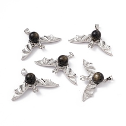 Golden Sheen Obsidian Natural Golden Sheen Obsidian Pendants, Halloween Bat Charms, with Antique Silver Color Brass Findings, 26x46x11mm, Hole: 6x4mm