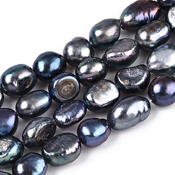 Marine Blue Natural Cultured Freshwater Pearl Beads Strands, Baroque Pearls Keshi Pearl Beads, Two Sides Polished, Dyed, Marine Blue, 8~12.5x7~8.5x5~7.5mm, Hole: 0.6mm, about 37~38pcs/strand, 13.78~13.98 inch(35~35.5cm)