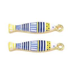 Yellow Printed Brass Pendants, Fish with Stripe Charms, Rack Plating, Long-Lasting Plated, Lead Free & Cadmium Free, Real 18K Gold Plated, Yellow, 33.5x7.5x3.5mm, Hole: 2.5mm