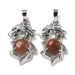 Камень с Пылевым Золотом Синтетические голдстоуновские подвески, Подвески-драконы со стойкой, латунная фурнитура, платина, без кадмия и без свинца, 31x18x8~10 мм, отверстие : 5x8 мм