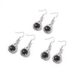 Обсидиан Серьги-капли из натурального обсидиана с кристаллами и стразами, платиновые латунные украшения для женщин, 42 мм, штифты : 0.6 мм