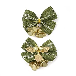 Green Christmas Polyester Bowknot Ornament Accessories, with Iron Bell, PVC Findings, Golden, Green, 47~48x52x13.5mm