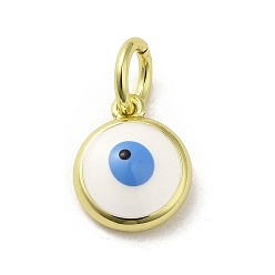 White Brass Enamel Charms, with Jump Ring, Real 18K Gold Plated, Flat Round with Evil Eye Charm, White, 11x9x3.5mm, Hole: 3.6mm