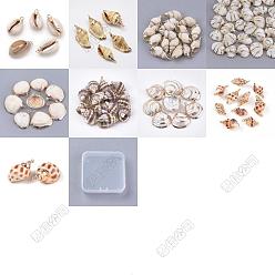 Разные Ракушки 18шт. 9 стили подвесок из натуральной смеси ракушек с гальваническим покрытием, амулеты из ракушек с железной фурнитурой, золотые, 16~40x8~42x5~18 мм, отверстие : 1~2 мм, 2 шт / стиль