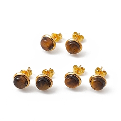 Tiger Eye Natural Tiger Eye Half Round Stud Earrings, Golden Brass Jewelry for Women, Cadmium Free & Lead Free, 14x8mm, Pin: 0.7mm