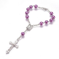 Purple Glass Imitation Pearl Rosary Bead Bracelaets for Easter, with Alloy Crucifix Cross Pendants and Iron Chains, Purple, 7-5/8 inch(19.5cm), Pendant: 77x23.5x8mm
