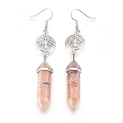 Rhodochrosite Pointed Bullet Natural Rhodochrosite Dangle Earrings, with Brass Earring Hooks and Flat Round with Tree of Life Links, Platinum, 76mm, Pin: 0.7mm