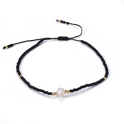 Negro Nylon ajustable pulseras de cuentas trenzado del cordón, con cuentas de semillas japonesas y perlas, negro, 2 pulgada ~ 2-3/4 pulgada (5~7.1 cm)