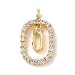 Настоящее золото 18K Латунные микропаве прозрачные подвески с фианитом, овальные подвески с буквой U, стойки покрытие, долговечный, без кадмия и без свинца, реальный 18 k позолоченный, 18.5x11x3.8 мм, отверстие : 1.8 мм