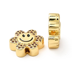 Camellia Rack Plating Brass Cubic Zirconia Beads, with Enamel, Real 18K Gold Plated, Long-Lasting Plated, Cadmium Free & Lead Free, Flower with Smiling Face, Camellia, 13x14x5mm, Hole: 1.5mm