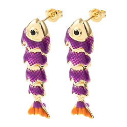 Фиолетовый Серьги-гвоздики с подвесками из латуни с микропаве из кубических цирконий, с эмалью, реальный 18 k позолоченный, стойки покрытие, долговечный, без кадмия и без свинца, фиолетовые, 32.5x10 мм