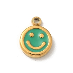 Средний Морско-зеленый Ионное покрытие (ip) 304 брелоки из нержавеющей стали с эмалью, реальный 14 k позолоченный, плоский круглый шарм с улыбающимся лицом, средний морской зеленый, 8x6x1.5 мм, отверстие : 1 мм