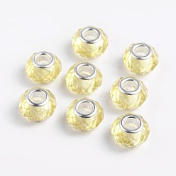 Yellow Handmade Glass European Beads, Large Hole Beads, Silver Color Brass Core, Yellow, 14x8mm, Hole: 5mm