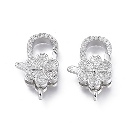 Platinum Brass Micro Pave Clear Cubic Zirconia Lobster Claw Clasps, Long-Lasting Plated, Flower, Platinum, 20x13x6.3mm, Hole: 1.8mm